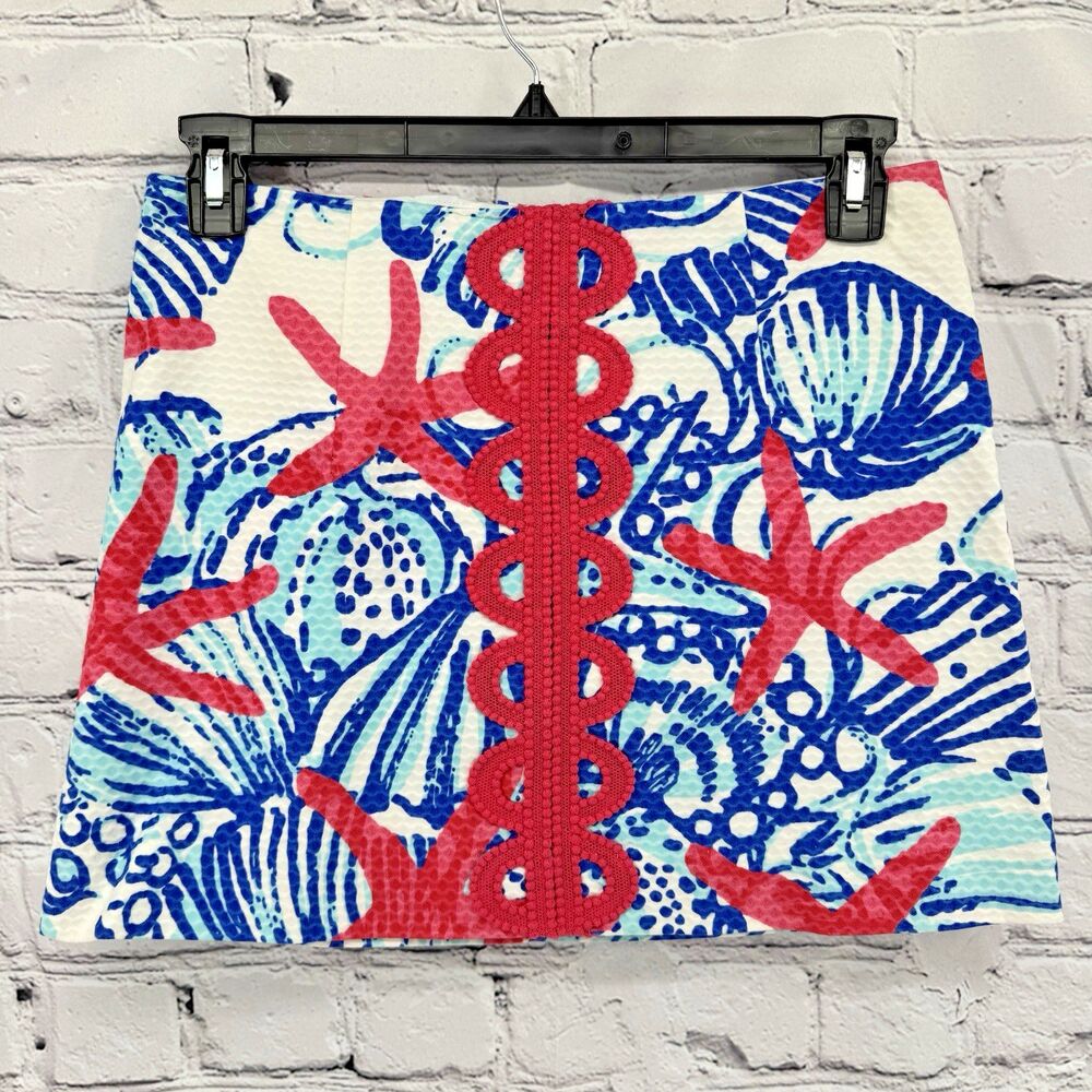 Lilly Pulitzer Tate Mini Skirt Size 4 She She Shells Starfish Red Textured Lined